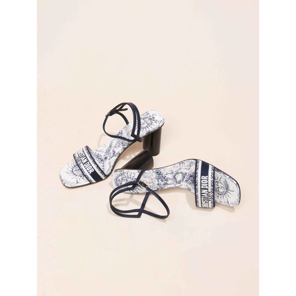 Dior Bandana Embroidered Deep Blue Dway Heeled Sandal Strap Low Heel Pumps EU38/